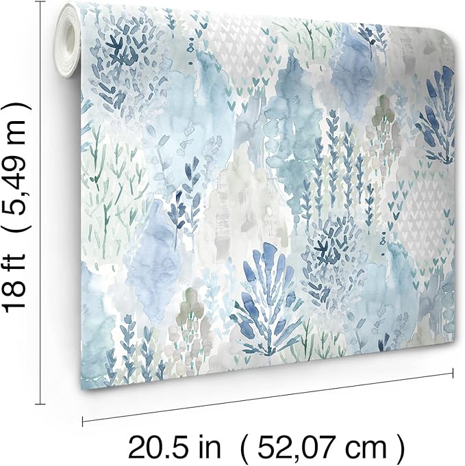 RoomMates RMK12330PLW Blue Watercolor Tree Mosaic Peel and Stick Wallpaper
