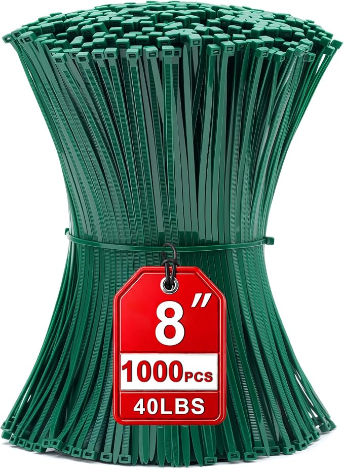 Zip Ties 8 inch, 1000 Pack Green Zip Ties,Green Cable Ties Self-Locking Nylon Cable Ties with 40 lbs Tensile Strength,Wire Ties for indoor and outdoor use.