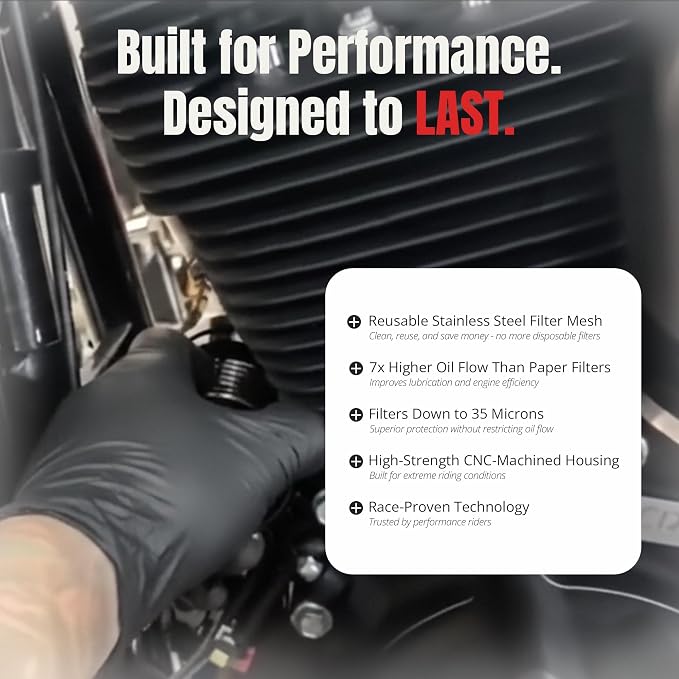 PC Racing FLO PCS4B Reusable Harley Oil Filter Black Anodized Spin-On | Black Billet Aluminum, Magnetic Prefilter, High-Flow Stainless Mesh, Twin Cam & M8, Reusable Spin-On Filter