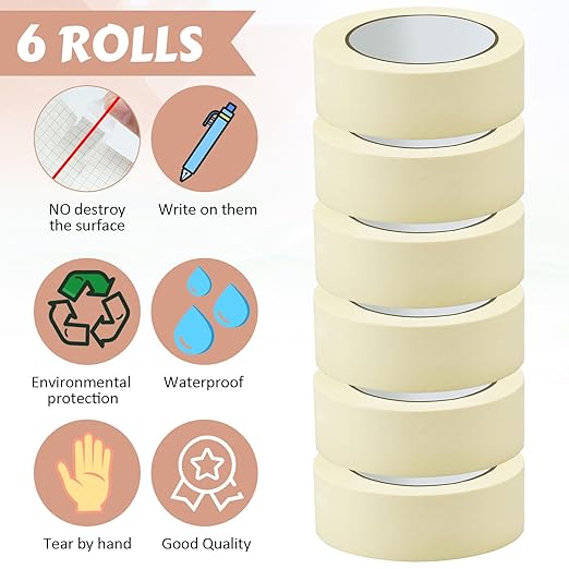 Fainne 6 Rolls Masking Tape Bulk General Purpose Masking Painting Tape 55 Yards for Painting Home Office School Stationery Arts Crafts Basic Use, Easy Removal (1.88 Inch)