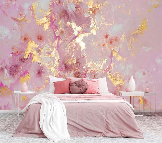 Jdayda Pink Marble Wallpaper Mural Abstract Gold Gilt Large Art | 127"x96" Not Self-Adhesive Wall Mural for Bedroom Livingroom