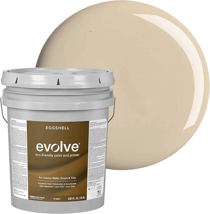 EVOLVE Interior Paint & Primer, Eggshell (Natural Beige), 5 Gallon – One-Coat Coverage, Excellent Hide, Low VOC, Low Odor, Washable Paint for Walls, Doors & Trim
