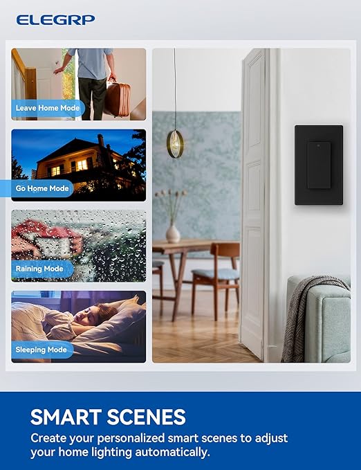 ELEGRP Smart Light Switch, 2.4GHz Wi-Fi Light Switch Compatible with Alexa & Google Assistant, Neutral Wire Required, APP Control and Timer Schedule, UL Certified, Single Pole/3 Way, Black, 4 Pack