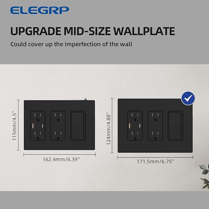 ELEGRP 3-Gang Screwless Decorative Wall Plates, Mid-Size Unbreakable Thermoplastic Faceplate Cover for Decorator Receptacle Outlet Switch, UL Listed (10 Pack, Matte Black)