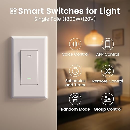 GHome Smart Switches for Lights, WiFi Smart Light Switch Works with Alexa and Google Home, Single-Pole, Neutral Wire Required, 2.4Ghz WiFi Light Switch with APP Control, No Hub Required, UL FCC Listed