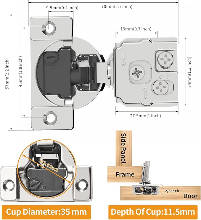 Chibery 60 Pack 1-1/2" Overlay 4D Soft Close Concealed Hinges for Face Frame Door, Adjustable Closing Speed, Satin Nickel, 105 Open Angle Stainless Steel Cabinet Hinges