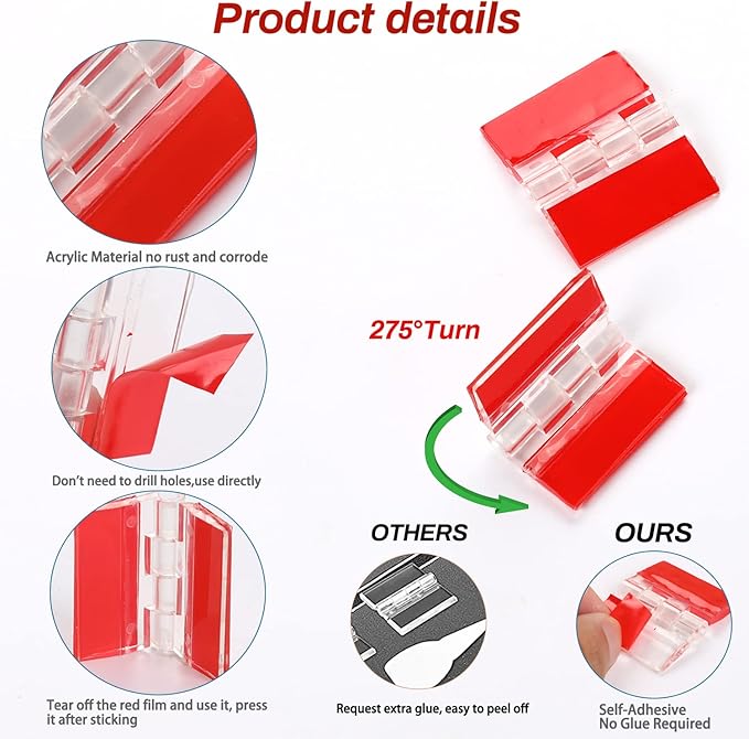 12 Pcs Acrylic Small Hinges - Self Adhesive Clear Plastic Transparent Continuous Hinge Tools for Cabinet Drawer Furniture DIY Display Stand 35x25 mm