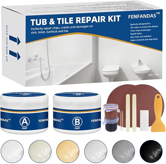 Tub and Fiberglass Shower Repair Kit White, 3.7oz Porcelain Tile Repair Kit, Porcelain Sink and Acrylic Bathtub Repair Kit for Cracks Chips Dents Holes Almond/Biscuit/Bone