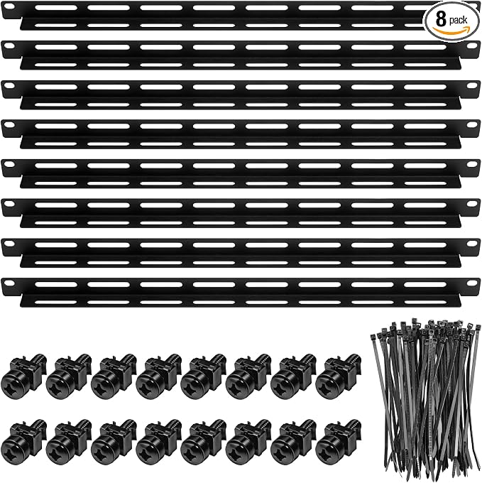 Zonon 8 Sets 1u 19 Inch Server Rack Cable Management Tie Bar Kit Includes 8 Pack 1u Tie Bars, 50 Zip Ties, 16 Cage Nuts & 16 Screws Work with Open Frame Enclosure Network Cabinet Mount Wire Management
