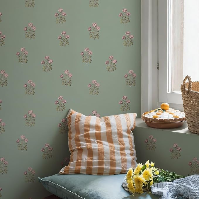 17.3"× 590.5" Vintage Floral Wallpaper Peel and Stick Boho Wallpaper Removable Waterproof Green Rose Pattern Contact Paper for Bedroom, Bathroom, Home Wall
