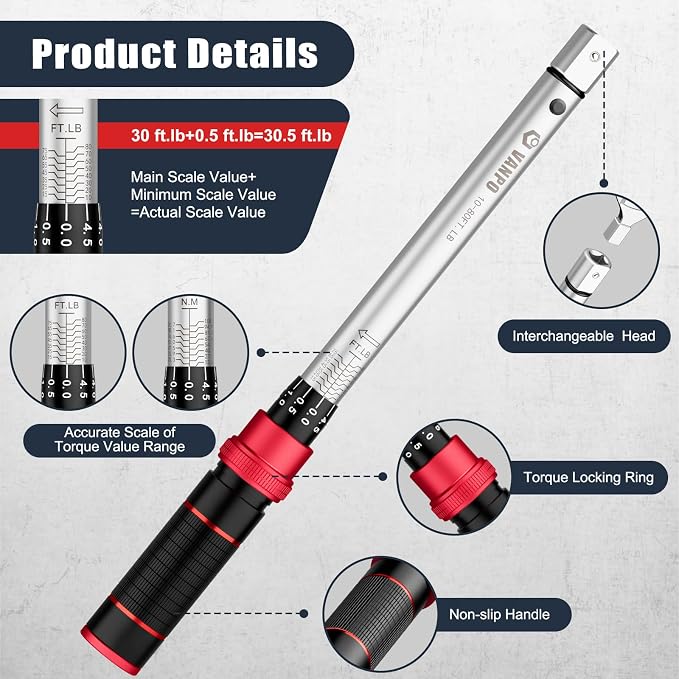VANPO HVAC Torque Wrench 10–80 Ft-lb, 9×12mm, for Mini Split AC | Adjustable Click Torque Wrench with Open End Heads (17–32mm), ±3% Accuracy, for Refrigeration Flare Nut Installation