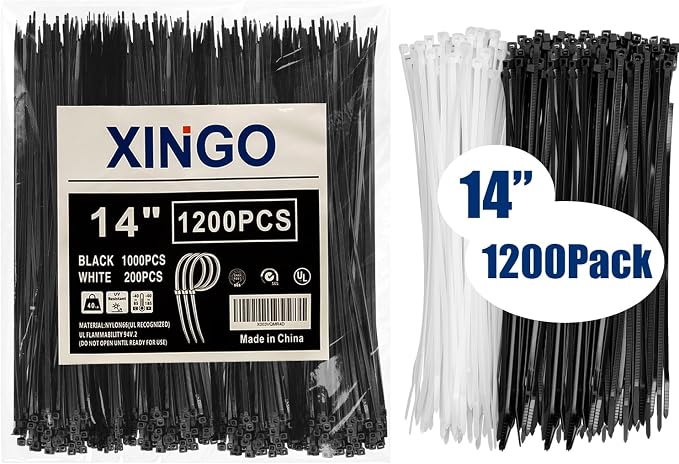 XINGO 14 inch Zip Ties 1200 PCS, Black Zip Ties 1000 Pack +White 200 Pack, with 40lb Tensile Strength, UV Resistant Cable Ties, Premium Self-locking Plastic Ties for Indoor and Outdoor Use