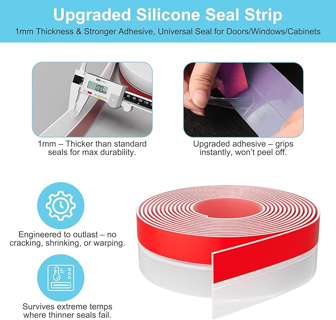Elvone 20 ft x 1 in Weather Stripping, Door Draft Stopper Silicone Gap Seal Strip for House and Glass Shower Doors for Side Gaps of Door and Windows, Clear