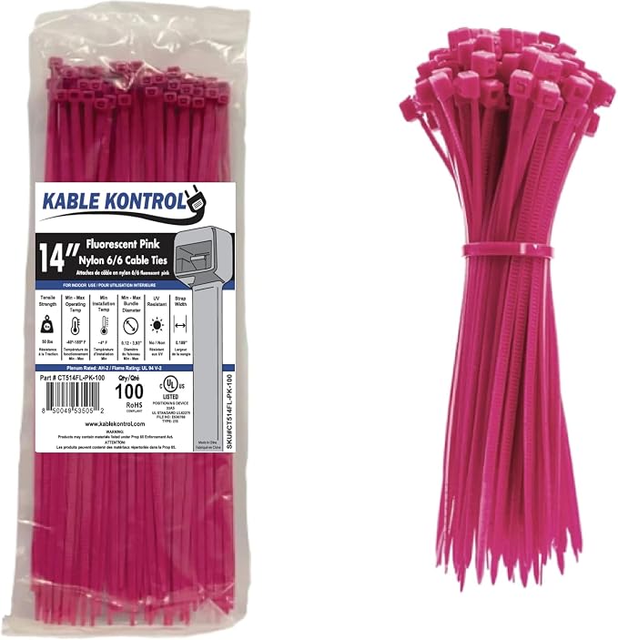 Kable Kontrol Fluorescent Pink Zip Ties 14 Inch 100 Pcs, 50 Lbs Tensile Strength, Self-locking Nylon Colored Cable Ties Wire Wraps for Indoor or Outdoor Use… | Nylon Plastic, Self Locking, UL Listed, Indoor Use