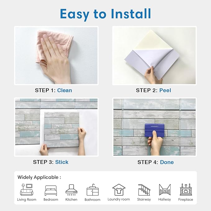 COMSTICKC Peel and Stick Faux Wood Wall Panels Shiplap Vintage Blue, 10 Pcs of 12" x 12", Not Real Wood, Thin PVC 3D Fake Wood Self-Adhesive Wall Covering Wallpaper for Interior Farmhouse Decor