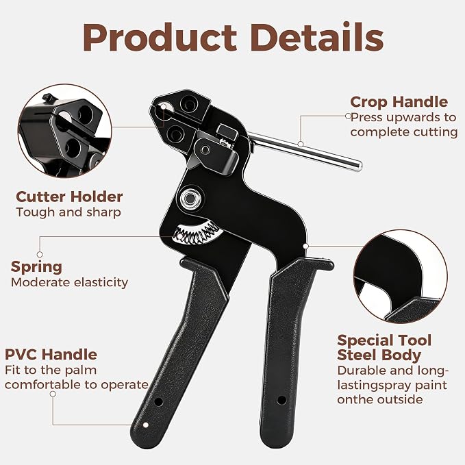 304 Stainless Steel Cable Tie Gun Kit, 300 Pcs Black | 304 stainless steel zip tie gun kit: 200 11.8in & 100 7.8in ties, cutter, tightens&cuts, rustproof for fence/farm/coop/pipe.