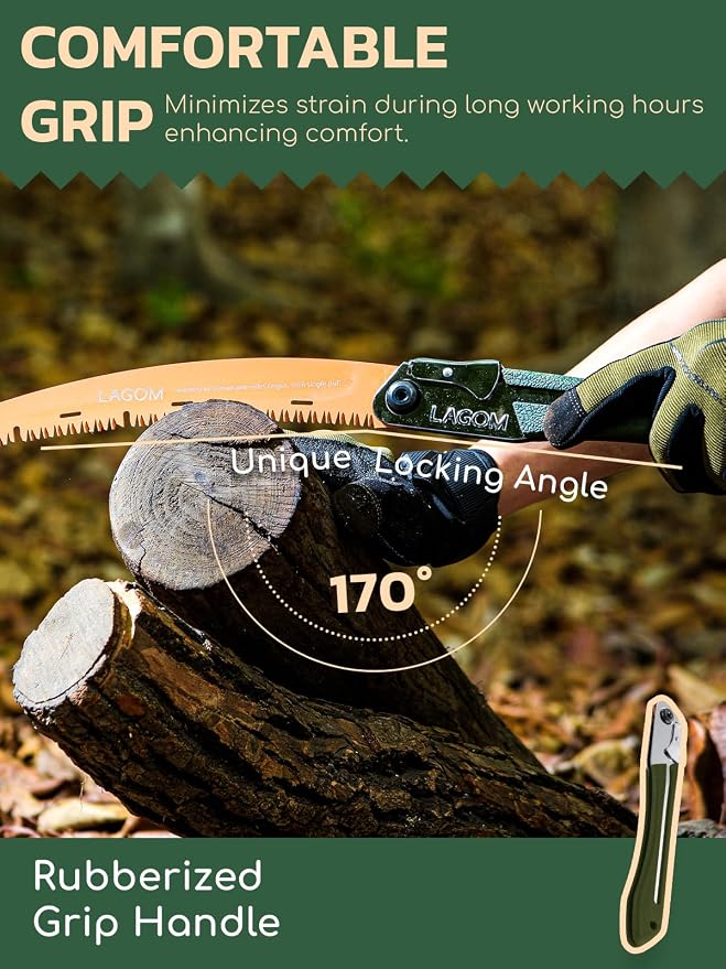 LAGOM Folding Camp Saw for Cutting Branches, 11.4" Curved Blade | SK5 Steel, Ergonomic Handle, One-Hand Use, Secure Lock | Foldable Pruning Tool for Camping, Gardening, Survival, Kayaking, Outdoors