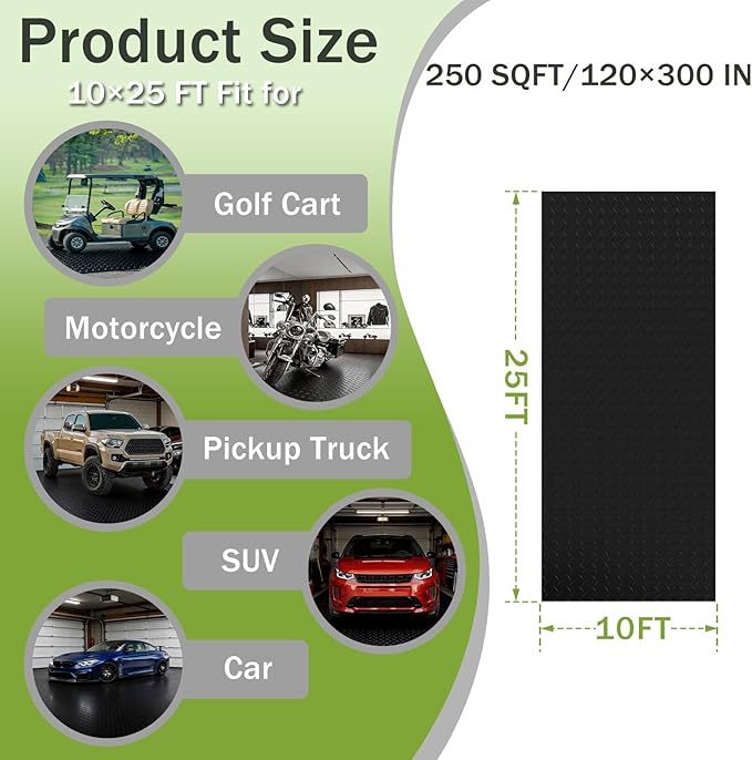 10x25 FT Black Garage Floor Mat, 2.8mm Thickened Flooring Roll for Under Car Diamond Plate PVC Rubber Mat with 20 Pcs Tapes, Non-Slip Floor Mat for Garage, Warehouse, Gyms, Trailer