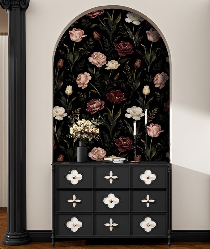 ILHIIOR Dark/Pink Floral Peel and Stick Wallpaper 17.5 x 118 Inches | Leaf Removable Self Adhesive Waterproof Contact Paper, Renter Friendly Decor for Cabinets, Drawers & Bedroom Walls