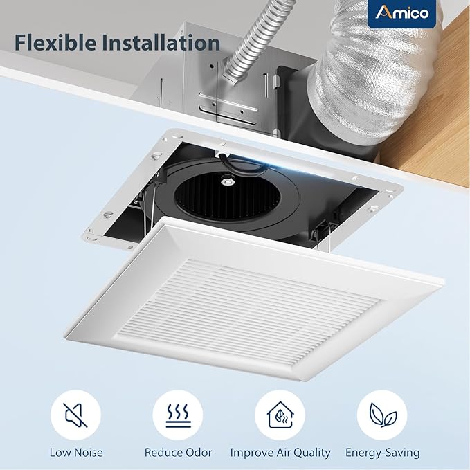 Amico Bathroom Exhaust Fan,160 CFM, 1.5 Sones, Low Noise, Household Bath Ventilation Fans, Ceiling Mounted, No Attic Access Needed, Ceiling Opening 10.7''x10.7'' - ETL & FCC Certified