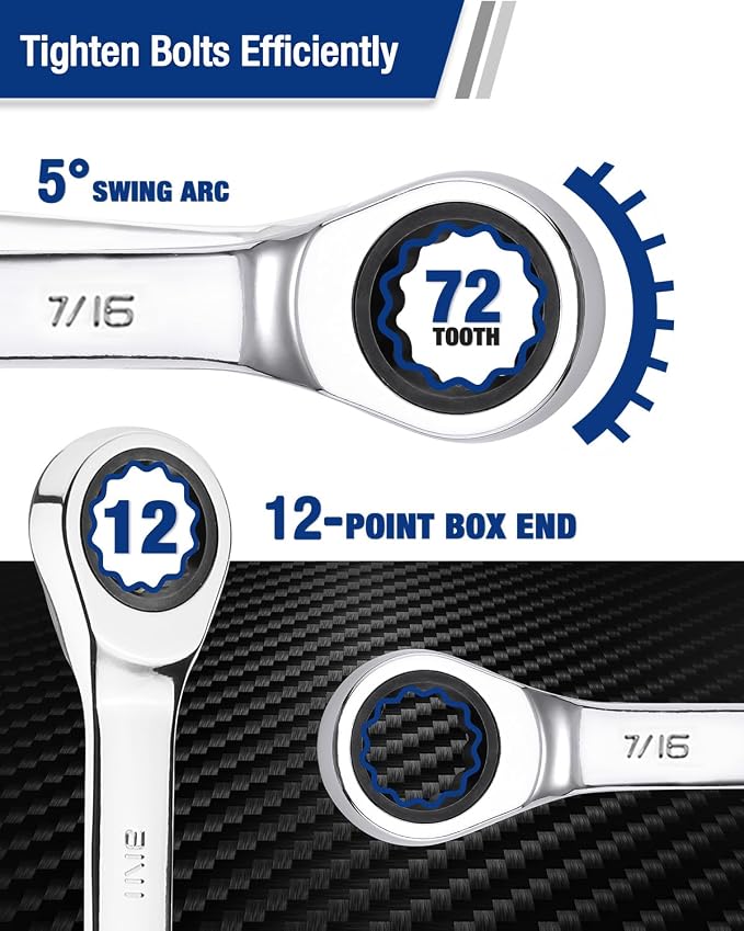 WORKPRO 7/16" Ratcheting Combination Wrench, Mirror Polish Chrome Plating (Pack of 2)