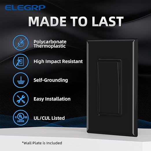 ELEGRP 3 Way Decorator Light Switch, 15Amp, 120-277 Volt, AC Rocker Paddle Wall Switch Replacement, Self-Grounding, Residential Grade, Screwless Wall Plate, UL Listed (5 Pack, Glossy Black)
