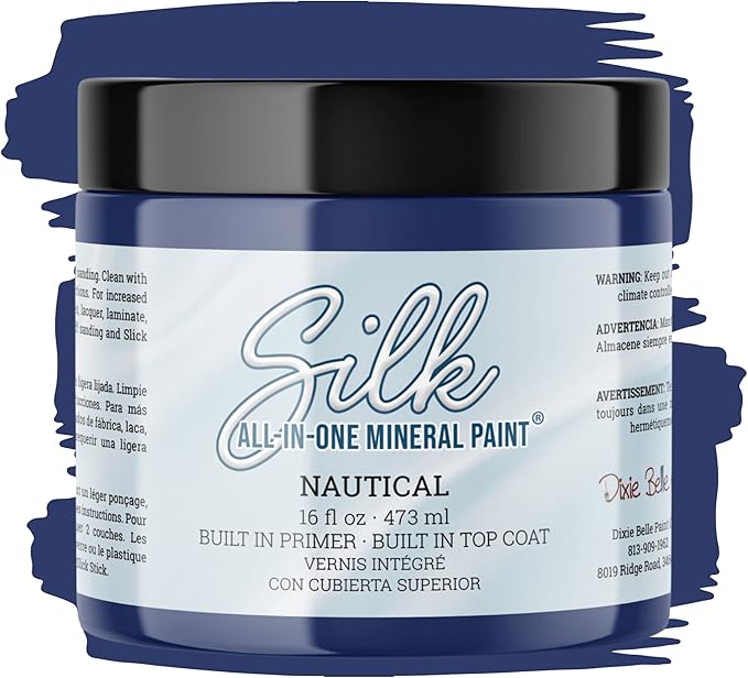 Dixie Belle Silk All-in-One Mineral Paint - Nautical (16oz) - Navy Blue Water Based Built-In Primer + Topcoat for Wood + Metal - Durable Furniture Paint - Low Reflective Finish