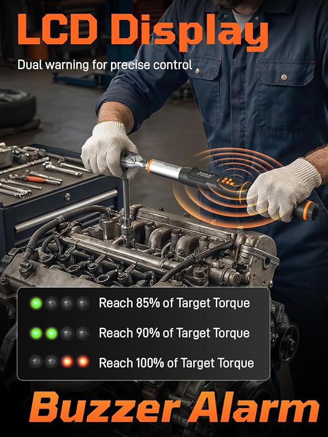Digital Torque Wrench, 7.38-147.5 ft.lb/10-200 Nm, 1/2" Drive Inch Pound Torque Wrench Electronic with Buzzer & Colorful LED Indicator Cars Automotive