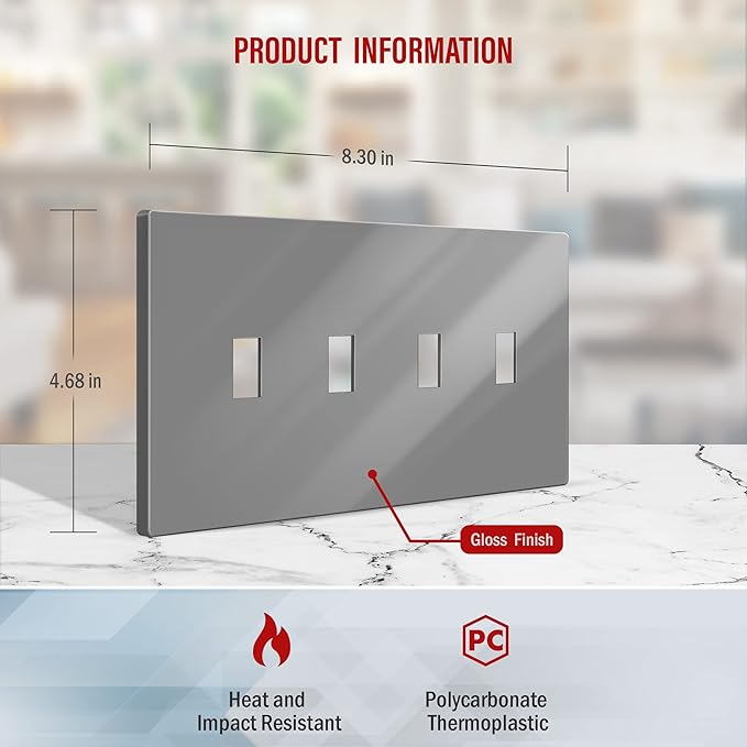ENERLITES Screwless Quadruple Toggle Switch Wall Plate, Child Safe Light Switch Cover, Standard Size 4-Gang 4.68" x 8.38", Unbreakable Polycarbonate Thermoplastic, UL Listed, SI8814-GY, Glossy, Gray