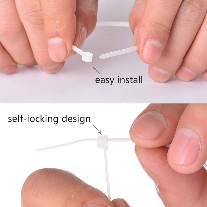 Zip Ties 8 inch, White Zip Ties 1000 Pack, Self-Locking Cable Ties with 40 Pounds Tensile Strength, Plastic Wire Ties for Indoor and Outdoor Use.