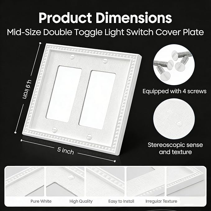 ZEFTV 10 Pack Mid-Size Decorator Wall Plates 2-Gang Switch Outlet Electrical Cover Plate Unbreakable Thermoplastic Faceplate for Light Receptacle Outlet Switch, Classic Beaded Relief Design, White