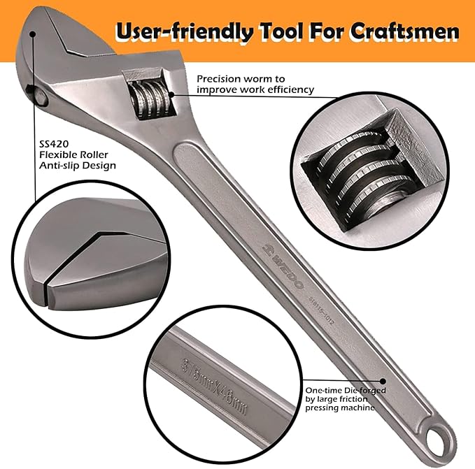 WEDO 2PCS Adjustable Wrench Set 4",6",Stainless Steel | Wide Jaw Spanner,Professional Spanner,Precision Jaws,Corrosion Resistant,For Automotive,Home and Plumbing Repairs