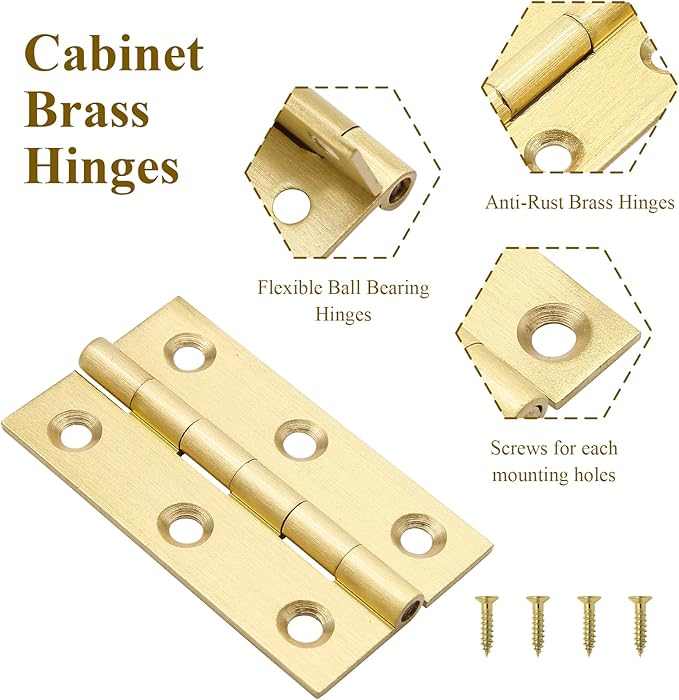 8pcs 2 Inch Brass Hinges, Mini Butt Hinges Cabinet Door Hinge, Box Hinges for Jewelry, Wooden Box, Small Cupboard Furniture Hinges (Gold)