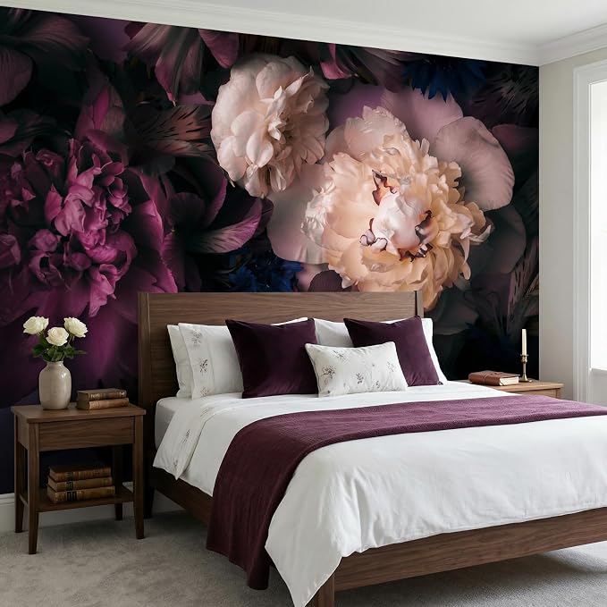 MFWFM Dark Floral Peel and Stick Wallpaper Peony Flowers Wall Murals | 157"x110", for Bedroom Living Room Bathroom, Self Adhesive Canvas