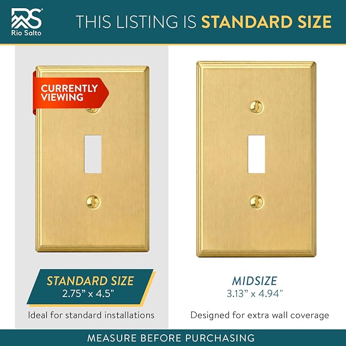 Rio Salto Brass Deco Collection Gold 1-Gang Toggle Light Switch Plate Standard Size 4.5" x 2.75" Flip Switch, Heavy-Gauge Decorative Wall Plate Covers, Modern Luxury Premium Metal Cover