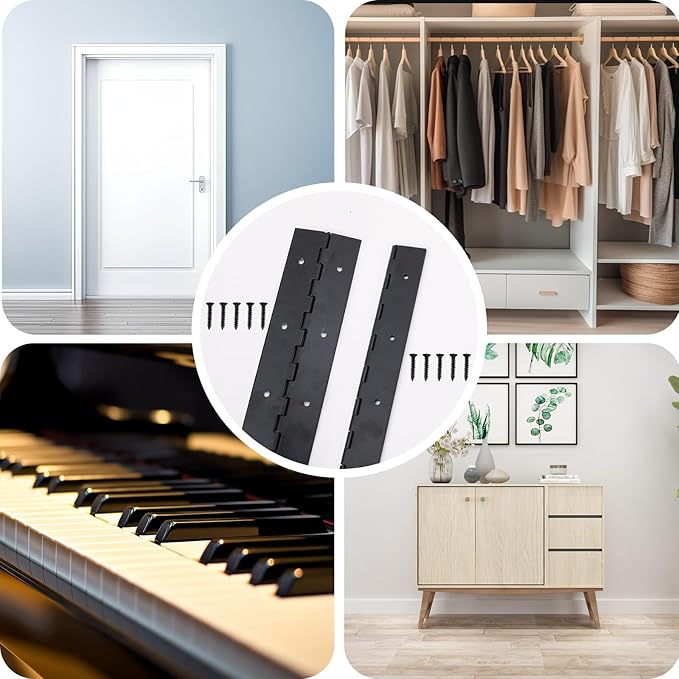 2Pcs 10inch Black Heavy Duty Continuous&Piano Hinges,1.2" Open Width Stainless Steel Piano Hinge with Holes and Screws,Working for Wood Box,Wood Furniture,Piano Cabinets.