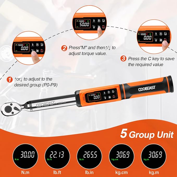 coobeast 3/8 Drive Digital Torque Wrench(1.5-99.5 Ft-lbs./2-135Nm) | Preset Value Torque Wrench with ±2% accuracy, Buzzer and LED Flash Five Units of Measure for Motorcycle, Auto Repair