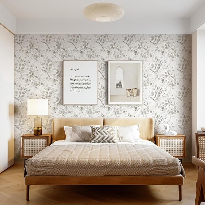 Naphite Gray Floral Peel and Stick Wallpaper Boho Farmhouse 118in17.3in | Watercolor Eucalyptus Leaf, Thicken,Self Adhesive Wallpaper for Renter Bedroom Bathroom, Removable,Contact Paper for Cabinets