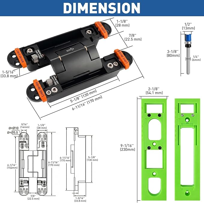 TamBee 7-Inch Heavy-Duty Self-Closing Hidden Door Hinge, Adjustable Invisible Hinge with Speed Control, Automatic Soft Close 180° Swing for Secret & Interior Doors, Support (Black, 7Inch Self Closing)