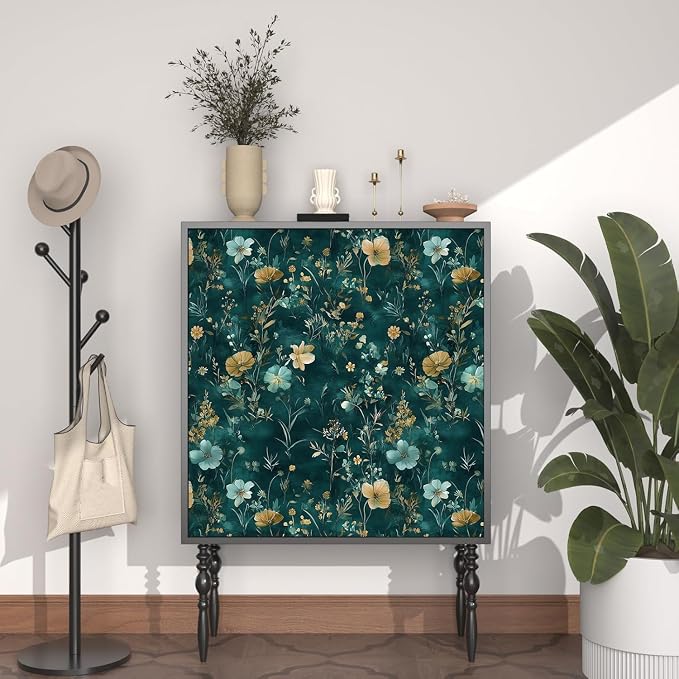 Floral Leaf Vintage Wallpaper Peel and Stick 17.5" x 393", Teal Gold | Self Adhesive/Removable/Waterproof/Thick Vinyl Contact Paper for Bathroom Bedroom Shelf Cabinet Drawer,Prepasted,Easy Peel