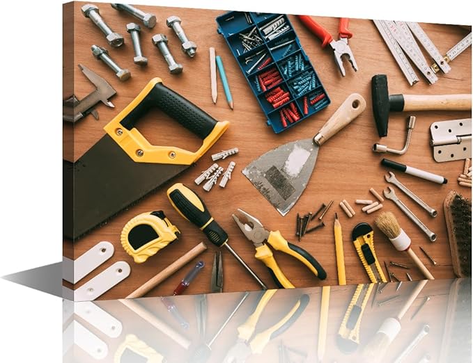 Construction Instruments Background Picture 1 Panels Canvas Wall Art Living Room Assorted Woodwork Carpentry or Construction Tools Poster Framed Artwork for Farmhouse Bedroom Wall Decor (12" Wx18 H)