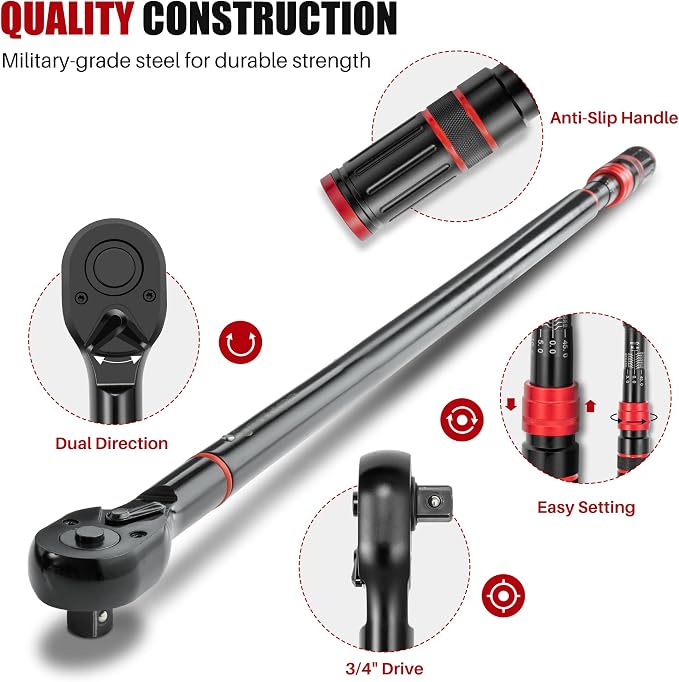 3/4" Drive Click Torque Wrench 100-700Ft.Lb for Truck,HD Vehicles | Inch Pound Torque Wrench(136-949Nm),Dual-Direction Adjustable 48T, 3% Accuracy for Tractor,Combines,Farm Industrial Equipment