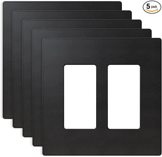 ELEGRP 2 Gang Screwless Decorative Wall Plates, Mid-Size Unbreakable Thermoplastic Faceplate Cover for Decorator Receptacle Outlet Switch, UL Listed (5 Pack, Matte Black)