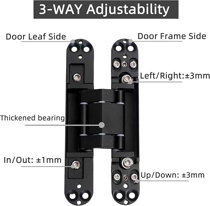 8-Pack 6 inch Hidden Door Hinges Heavy Duty Black, Invisible Concealed Hinges Zinc Alloy 6''x 2.5''x1Inch,180 Degree Swing Hinge, 3 Way Adjustable Hinge with Pins and Screws