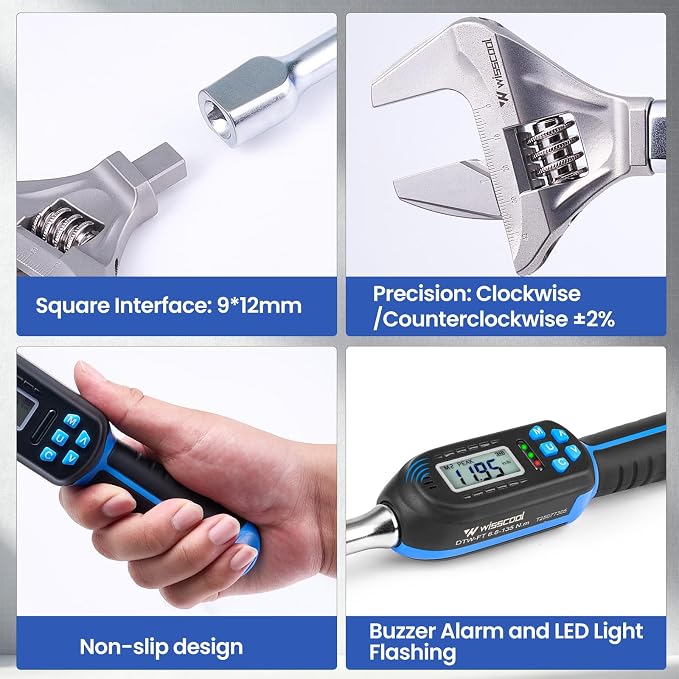 Adjustable Digital Torque Wrench, 5-99.6 ft.lb/6.8-135 N.m | Hvac Torque Wrench with 42mm Jaw, ±2% Accuracy, Vibration, Buzzer and LED Indicator for Split AC, Moto, Car