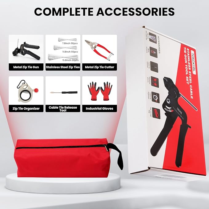 Stainless Steel Cable Tie Gun Set – Heavy Duty Metal Zip Tie Tool Kit with 150PCS Self-Locking Ties, Adjustable Fastening & Cutting Tool for Outdoor Fencing, Exhaust Pipes(Black)