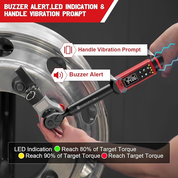 3/8" Digital Torque Wrench, 1.5-99.6Ft.Lb, for Cars, Moto, Bikes | ±1% Accuracy, 2-135Nm Electronic Torque Wrench, Vibration/Buzzer/LED, 9 Presets & 5 Units, Spark Plugs, Engine & Suspension