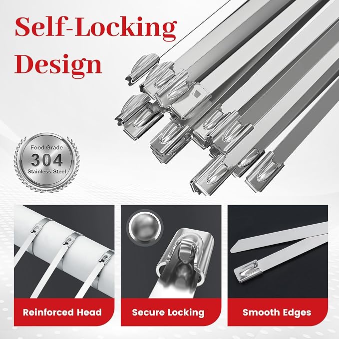 105PCS Heavy Duty 304 Stainless Steel Cable Tie Gun Kit, Includes 105PCS 11.8 Inch Metal Zip Ties, Self-Locking, UV & Corrosion Resistant, for Fence, Exhaust Pipe, Chicken Coop, Farm Use