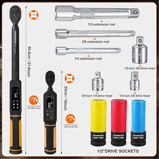 Uharbour Digital Torque Wrench Set 1/2" & 3/8" Drive 2 Pcs | ±1% Accuracy Electric Wrench Set, 3.8-250.8 & 0.66-44.29 Ft.lb, LED Alert