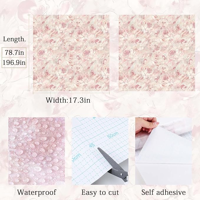 Hopepak Peel and Stick Wallpaper Floral Wallpaper Hand-Painted Pink Peony Flower Contact Paper Self Adhesive Removable Wall Paper Vinyl for Living Room Bedroom Bathroom Cabinets Wall Decor 17.3"×197"